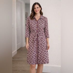 Talbots Geometric Print Long Sleeve Shirt Dress - Burgundy & White